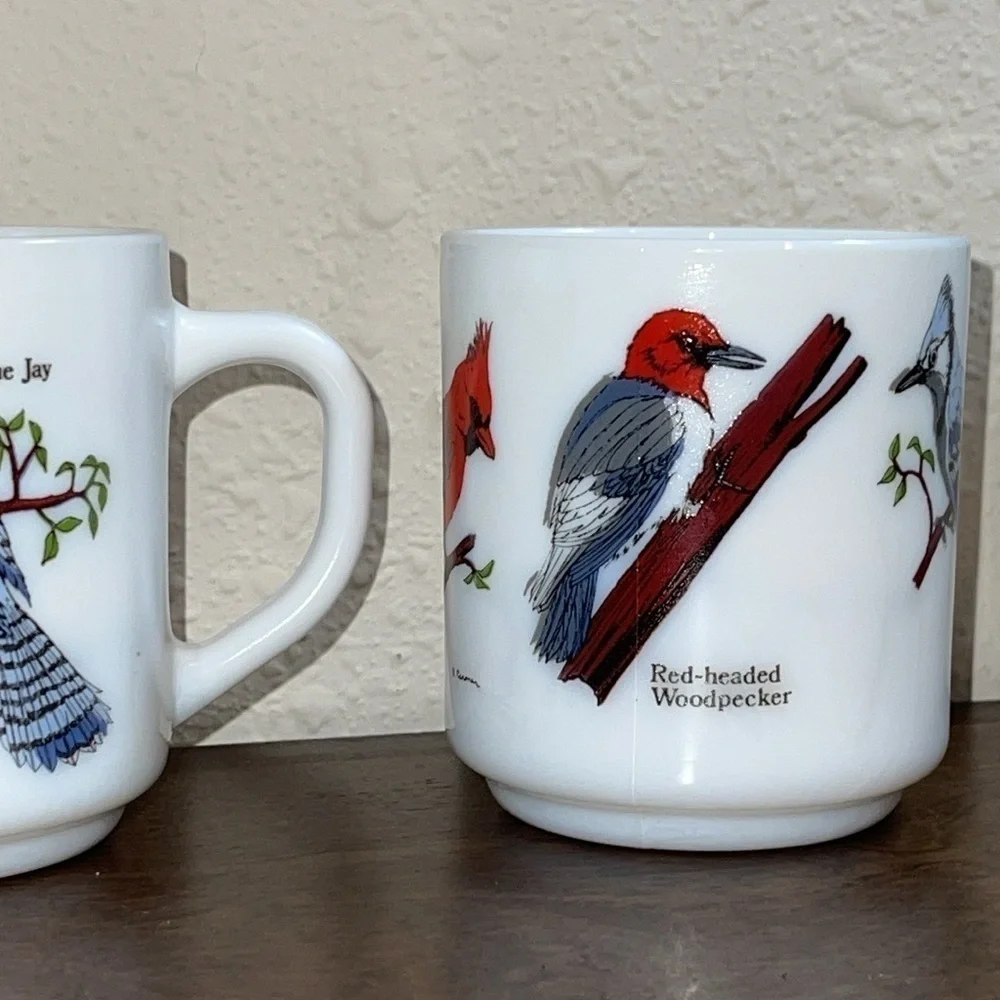 4 cups w/ Cardinals Blue Birds Red headed woodpecker